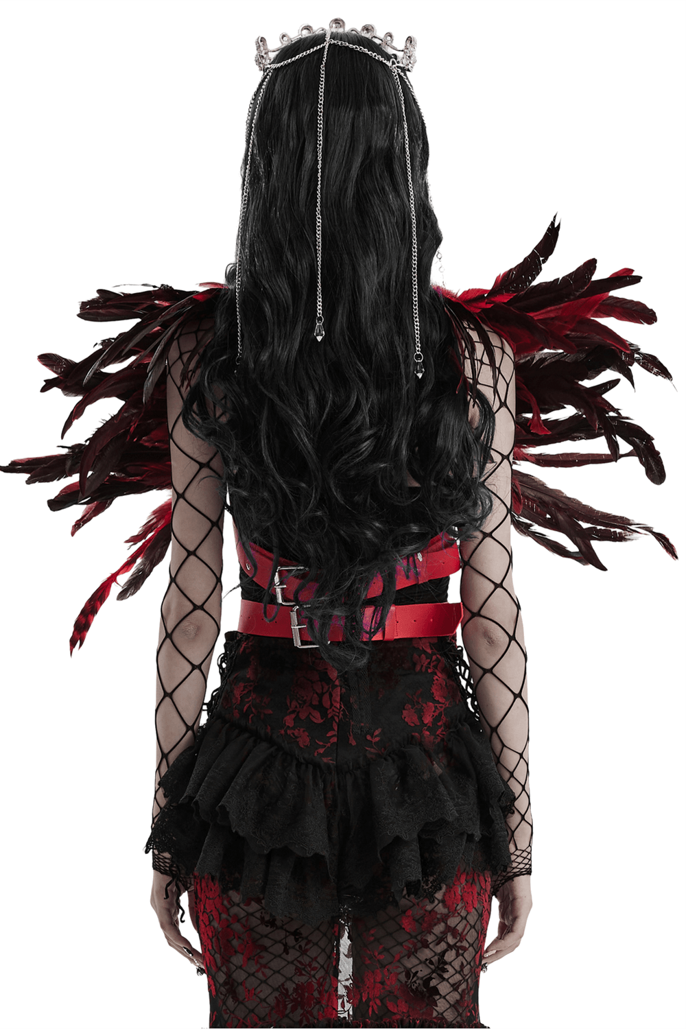 Dramatic black and red feather shoulder accessory for women, perfect for gothic costumes and cosplay.