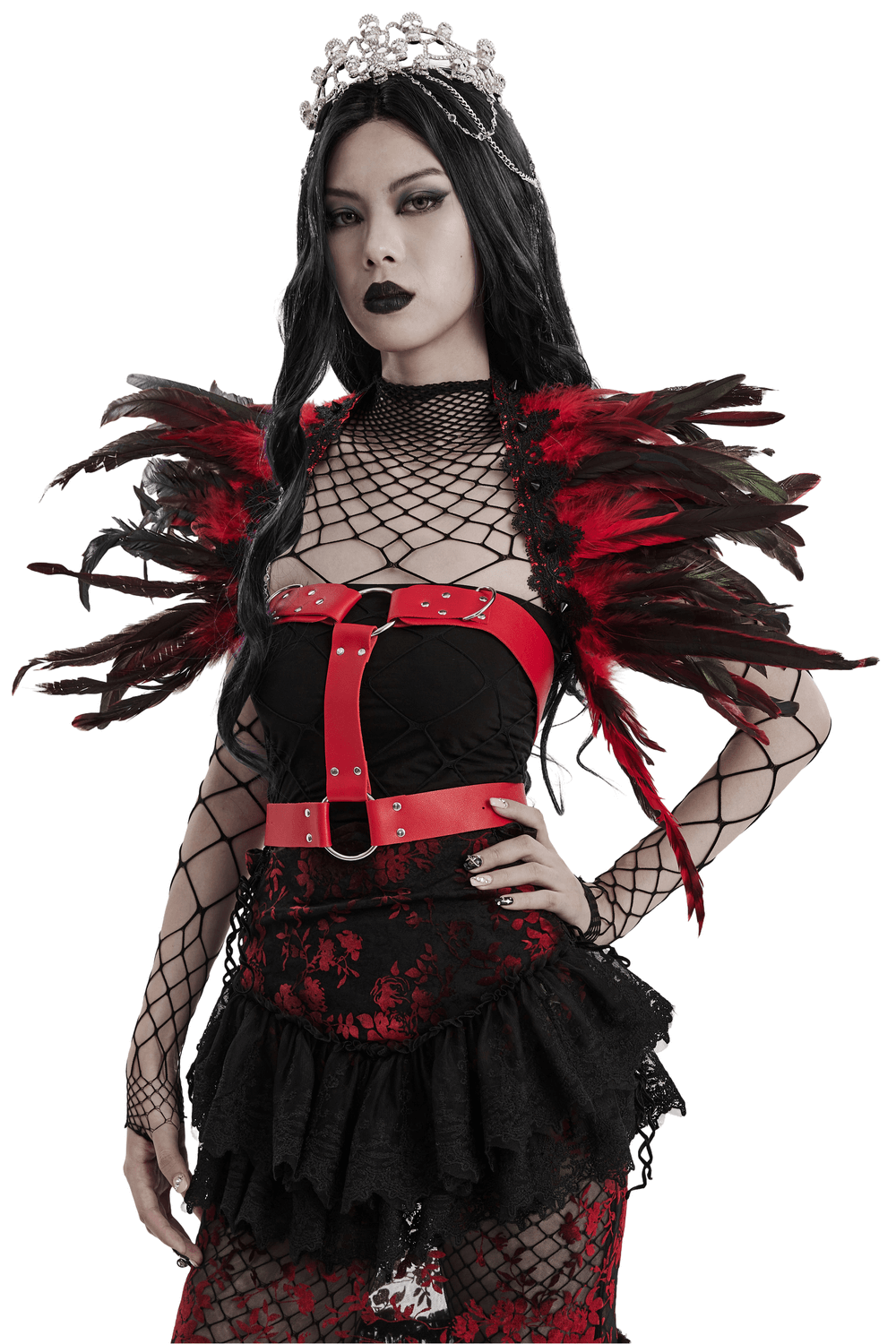 Dramatic black and red feather shoulder accessory worn by a gothic woman in a stylish outfit.