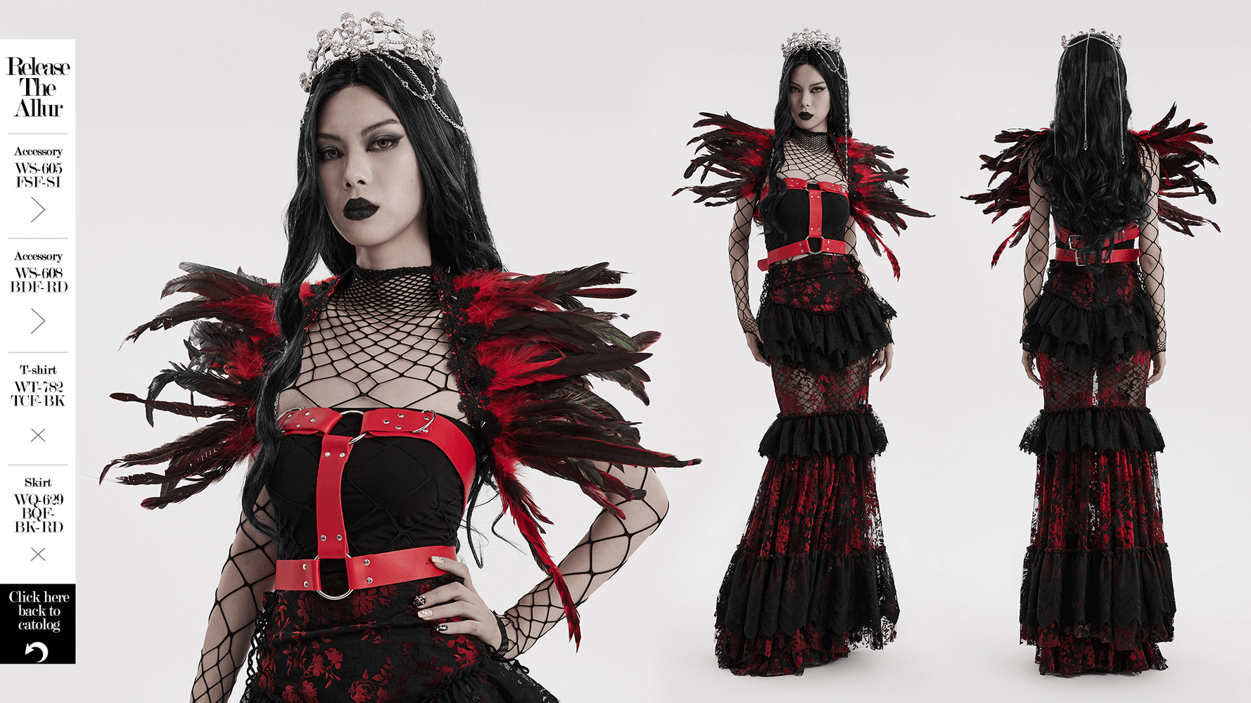 Dramatic gothic women's real feather shoulder accessory in black and red for costumes and performances.