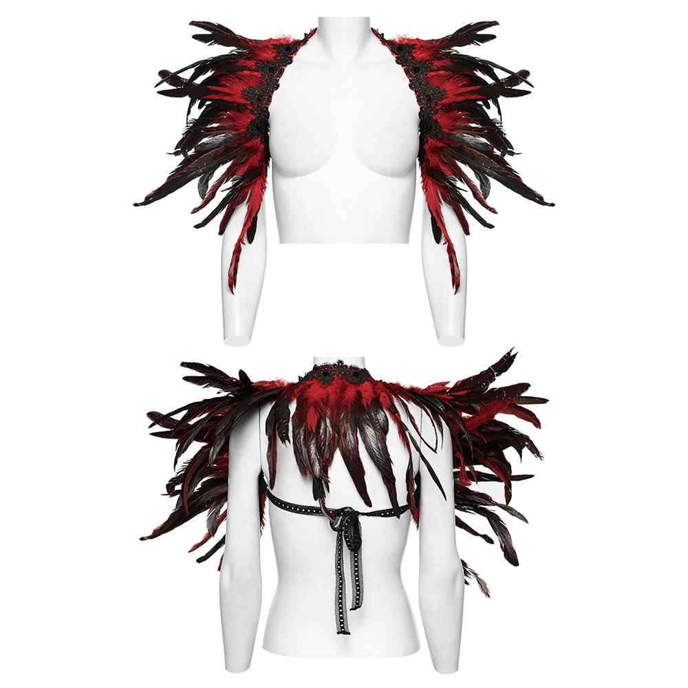 Dramatic black and red feather shoulder accessory for women, perfect for gothic style, Halloween, cosplay, and burlesque.