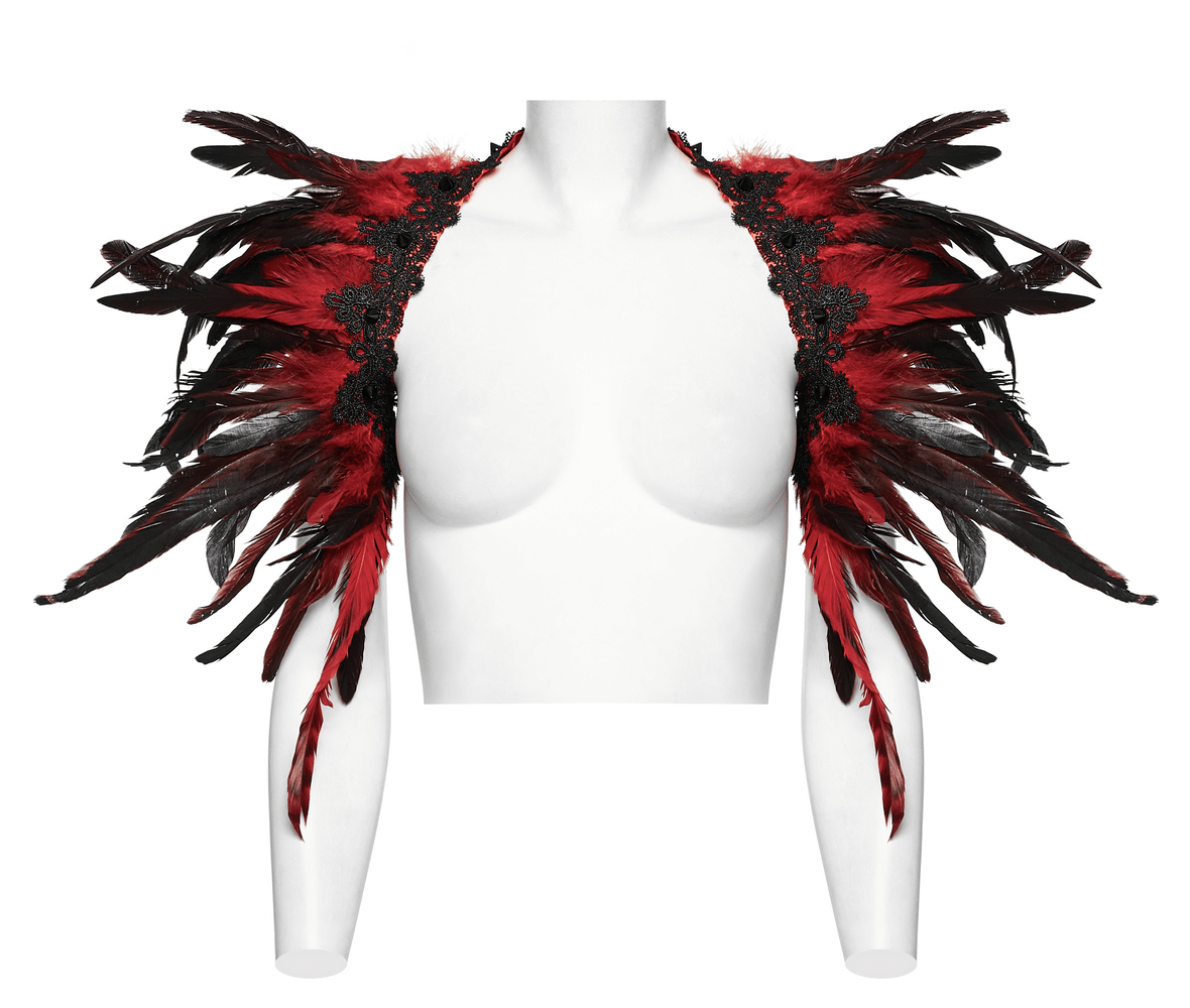 Dramatic black and red feather shoulder accessory for women, perfect for gothic costumes and performances.