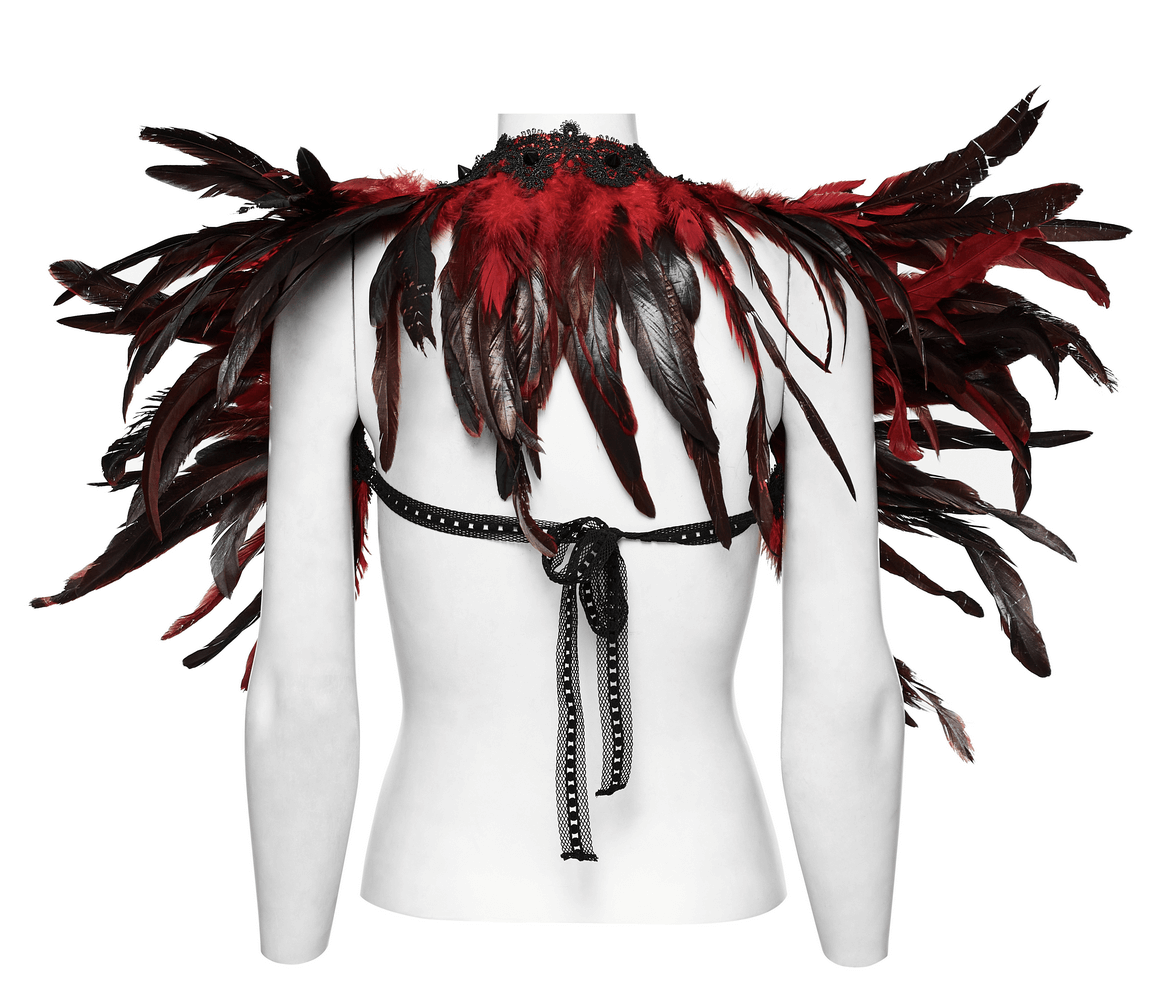 Gothic women's shoulder accessory featuring bold black and red feathers, perfect for Halloween or cosplay.