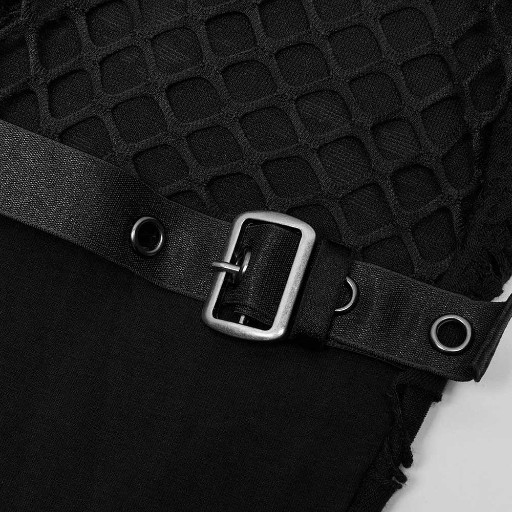 Close-up of gothic pants featuring mesh detailing and a stylish buckle belt, perfect for an edgy fashion statement.
