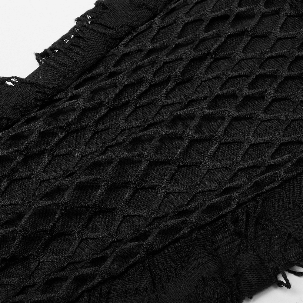 Close-up of black mesh fabric with a rugged texture, showcasing a gothic style design perfect for edgy fashion.