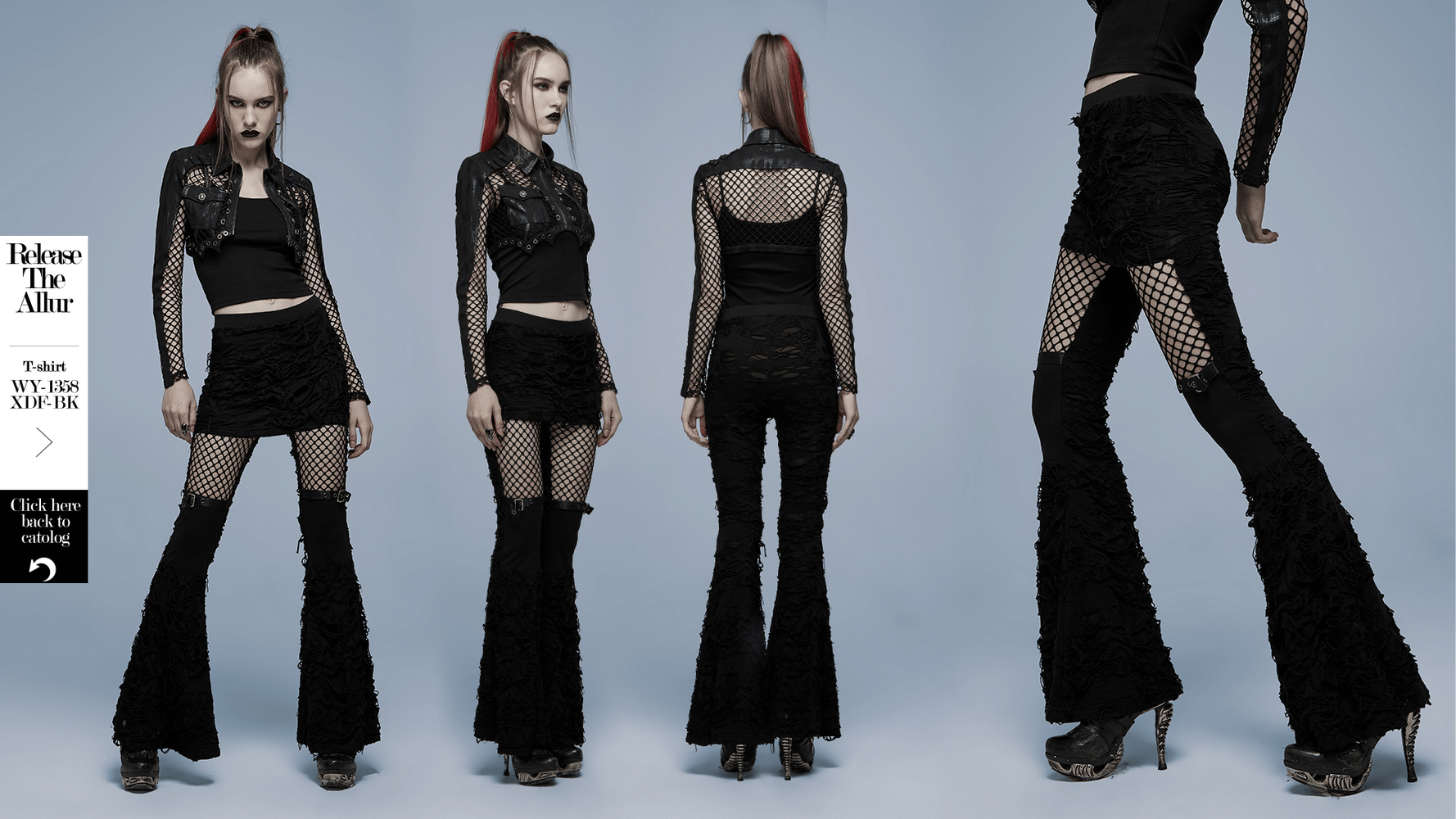 Gothic Women's Ripped Flare Pants with Mesh Detailing