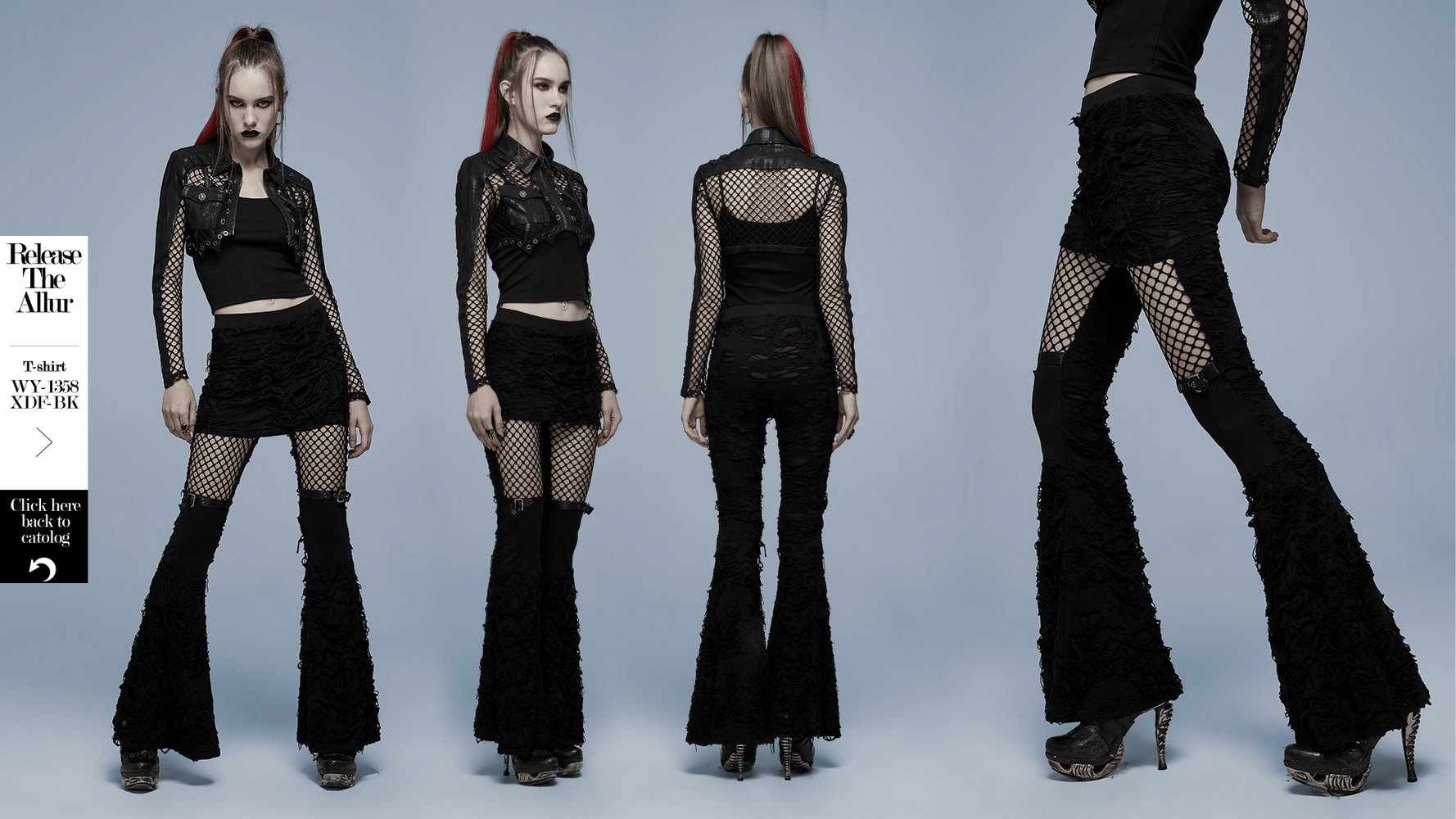 Gothic women's ripped flare pants with mesh detailing, featuring edgy design and flared silhouette.