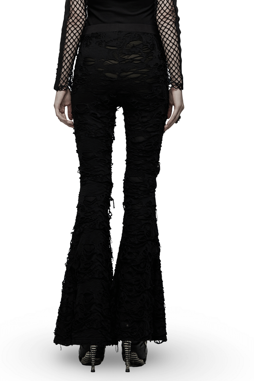 Gothic women's ripped flare pants featuring stylish mesh detailing and an edgy ragged texture from the back.