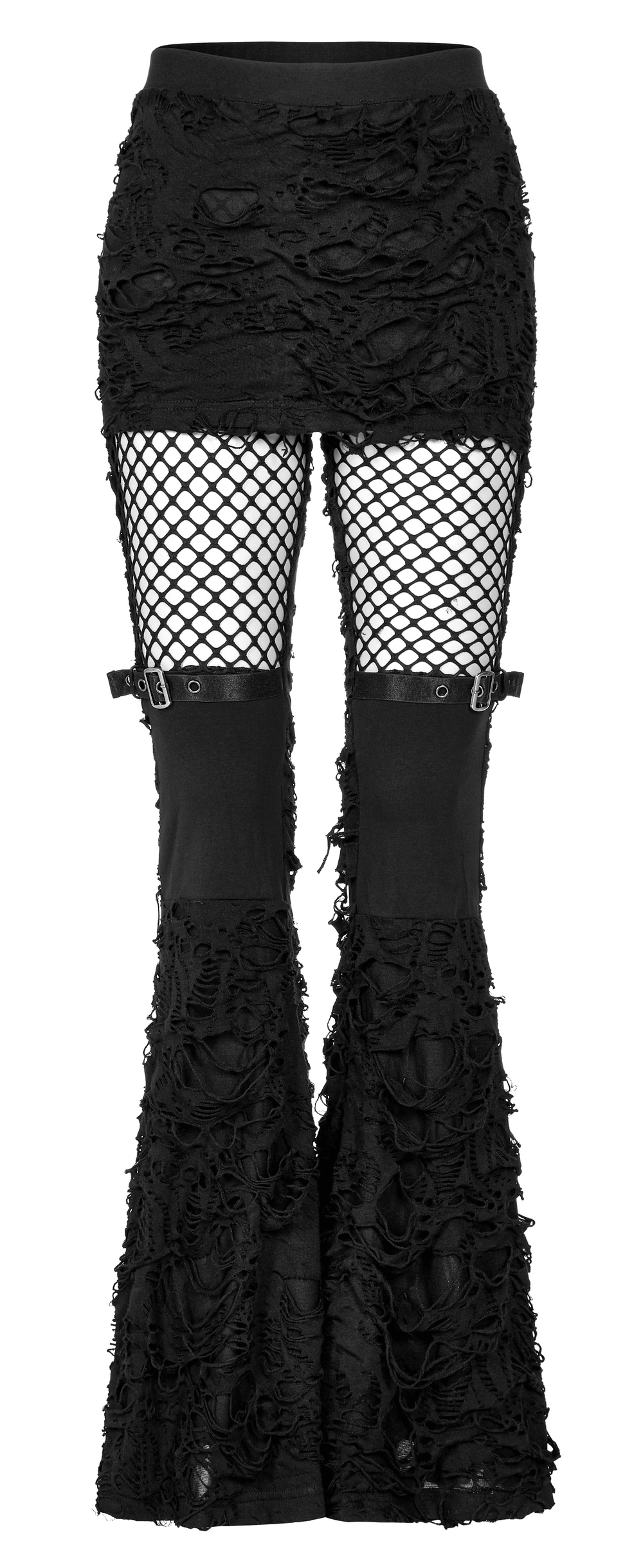 Gothic women's ripped flare pants with mesh, featuring edgy texture and flare design for a unique, daring style.