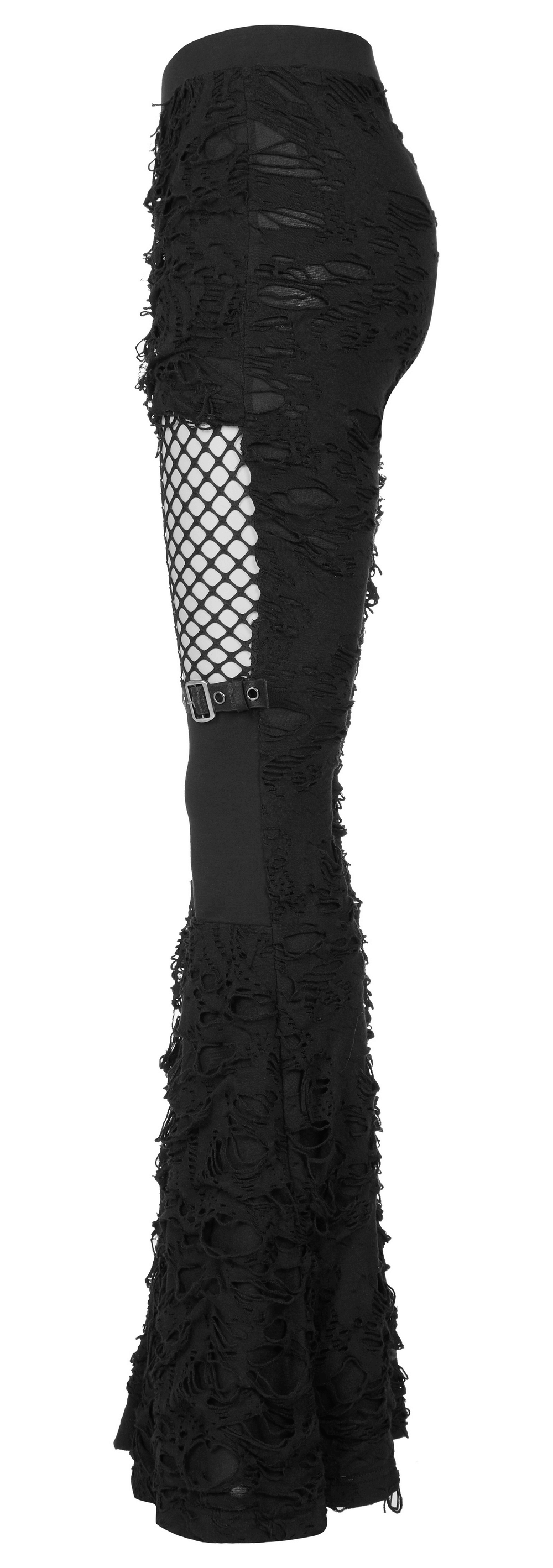 Gothic women's ripped flare pants with mesh detailing and edgy, ragged texture.