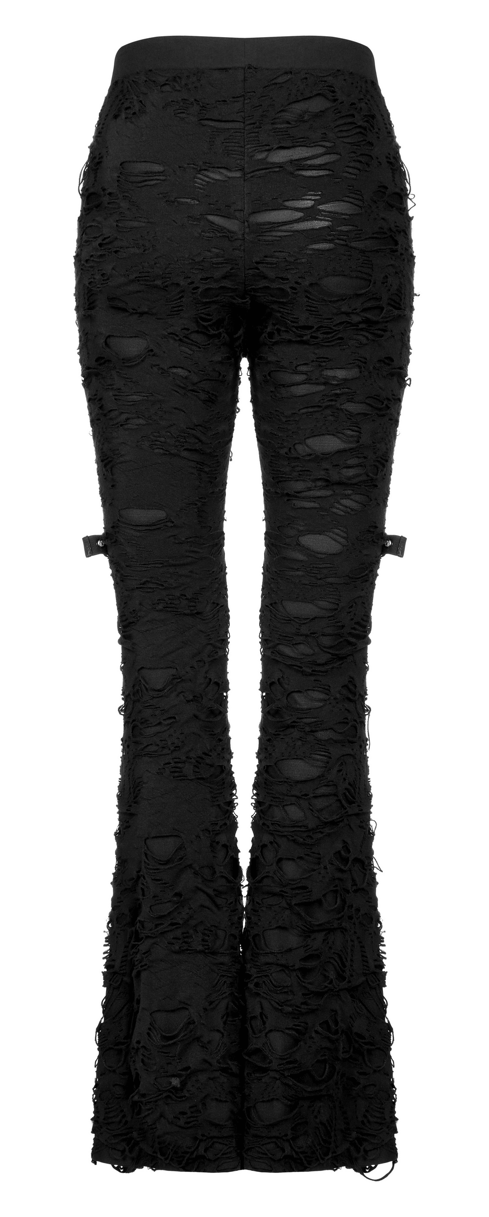 Gothic women's ripped flare pants with mesh detailing and edgy ragged texture, perfect for an unconventional style.