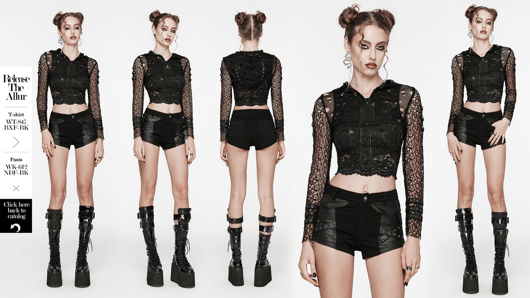 Gothic women's cropped hoodie with lace sleeves, paired with shorts and platform boots for a bold fashion statement.
