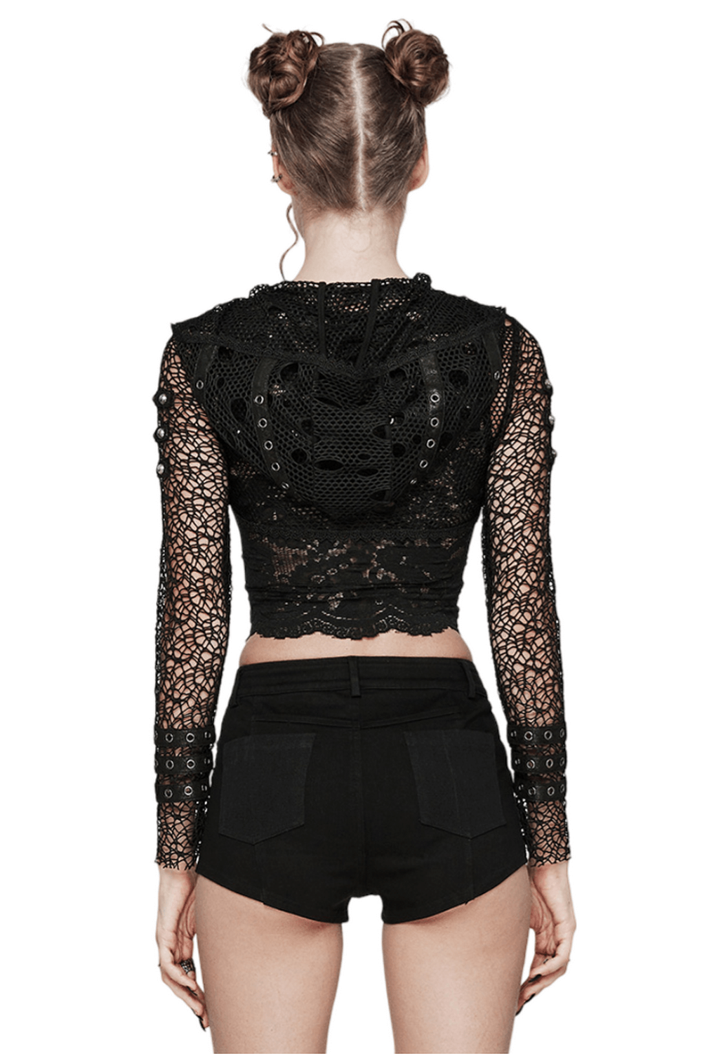 Gothic Women's Ripped Mesh and Lace Cropped Hoodie