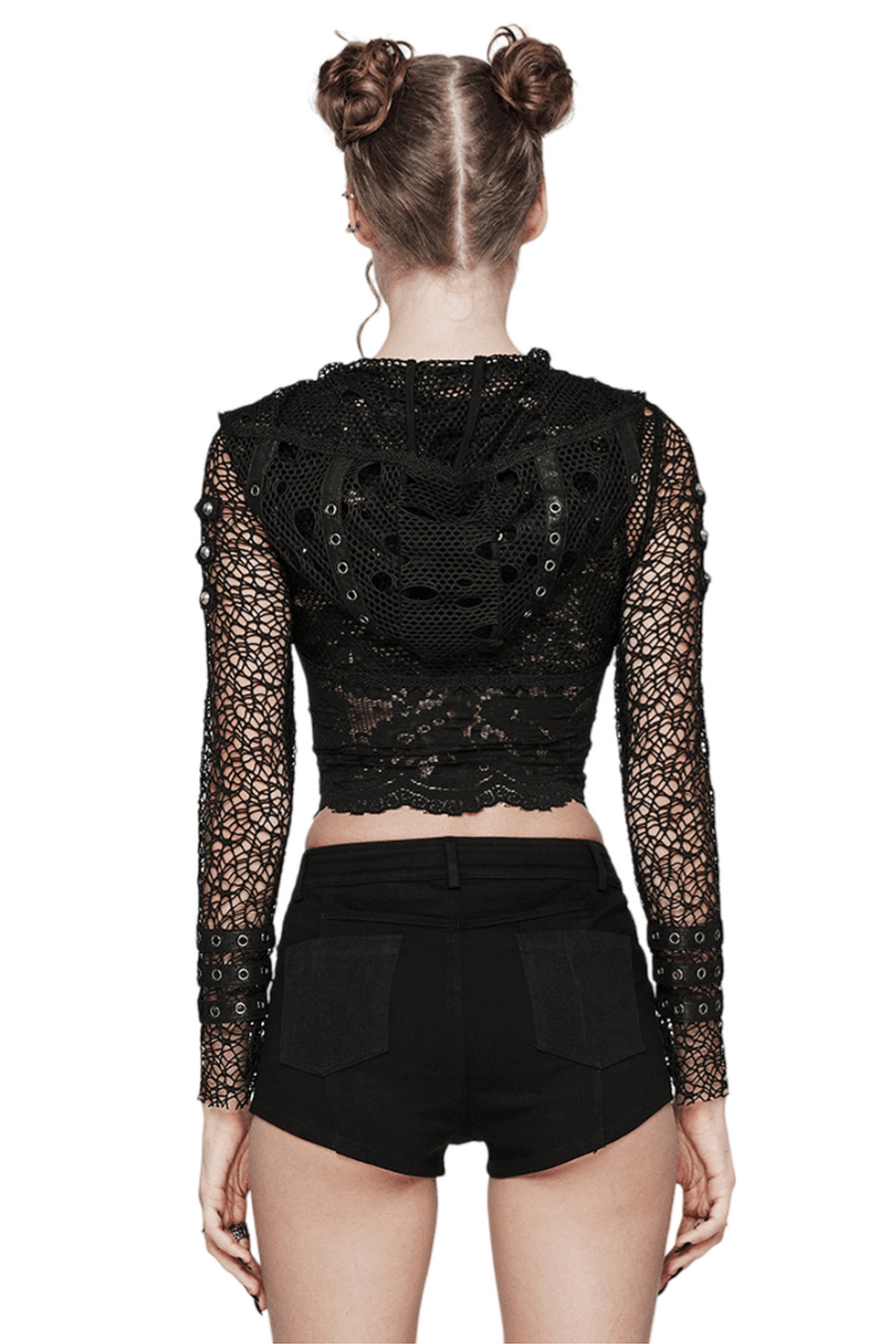 Back view of a Gothic women's ripped mesh and lace cropped hoodie with studded sleeves, styled with black shorts.