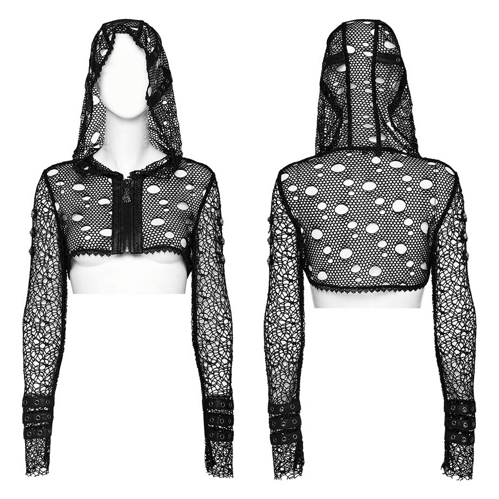 Gothic Women's Ripped Mesh and Lace Cropped Hoodie
