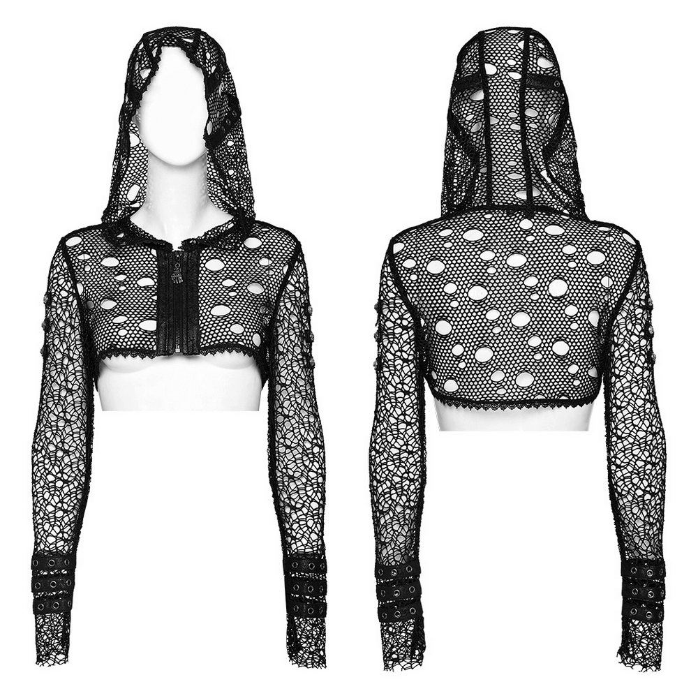Gothic women's cropped hoodie with lace and mesh, featuring studded sleeves and a unique hooded design.