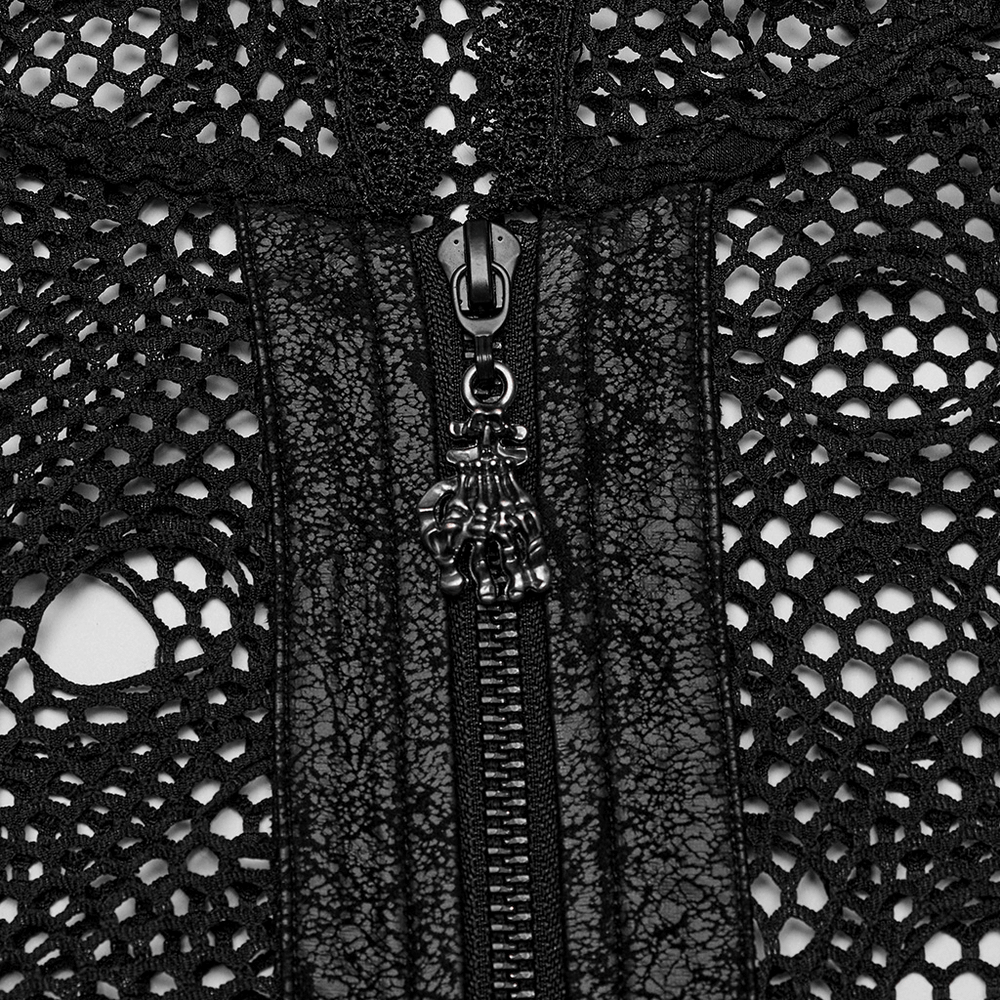 Close-up of Gothic cropped hoodie zipper with lace and mesh detail, showcasing edgy design and unique hardware.