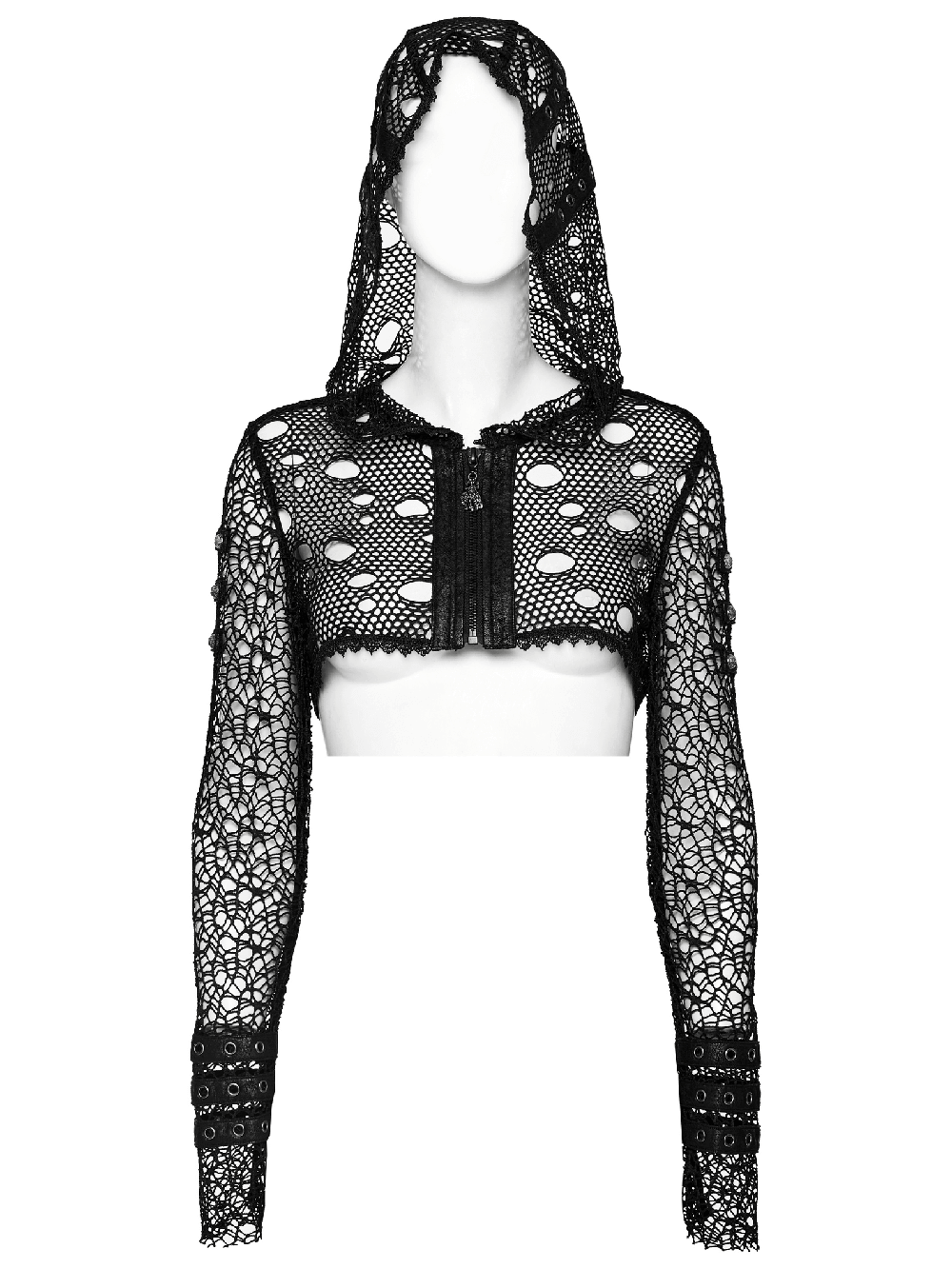 Gothic women's cropped hoodie with mesh and lace, studded sleeves, perfect for edgy layering and bold fashion statements.