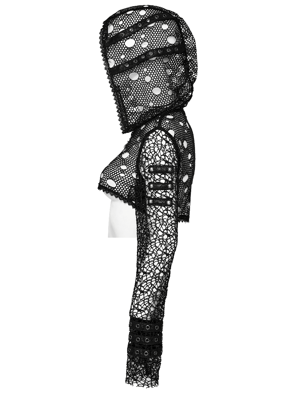 Gothic women's cropped hoodie with ripped mesh, lace design, and studded sleeves, perfect for edgy fashion statements.