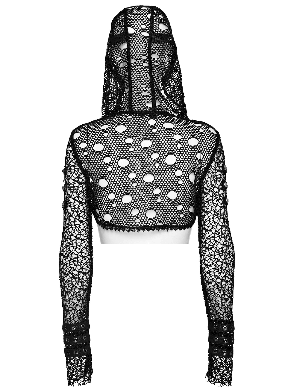 Back view of Gothic Women's Ripped Mesh and Lace Cropped Hoodie with studded sleeves and bold design.