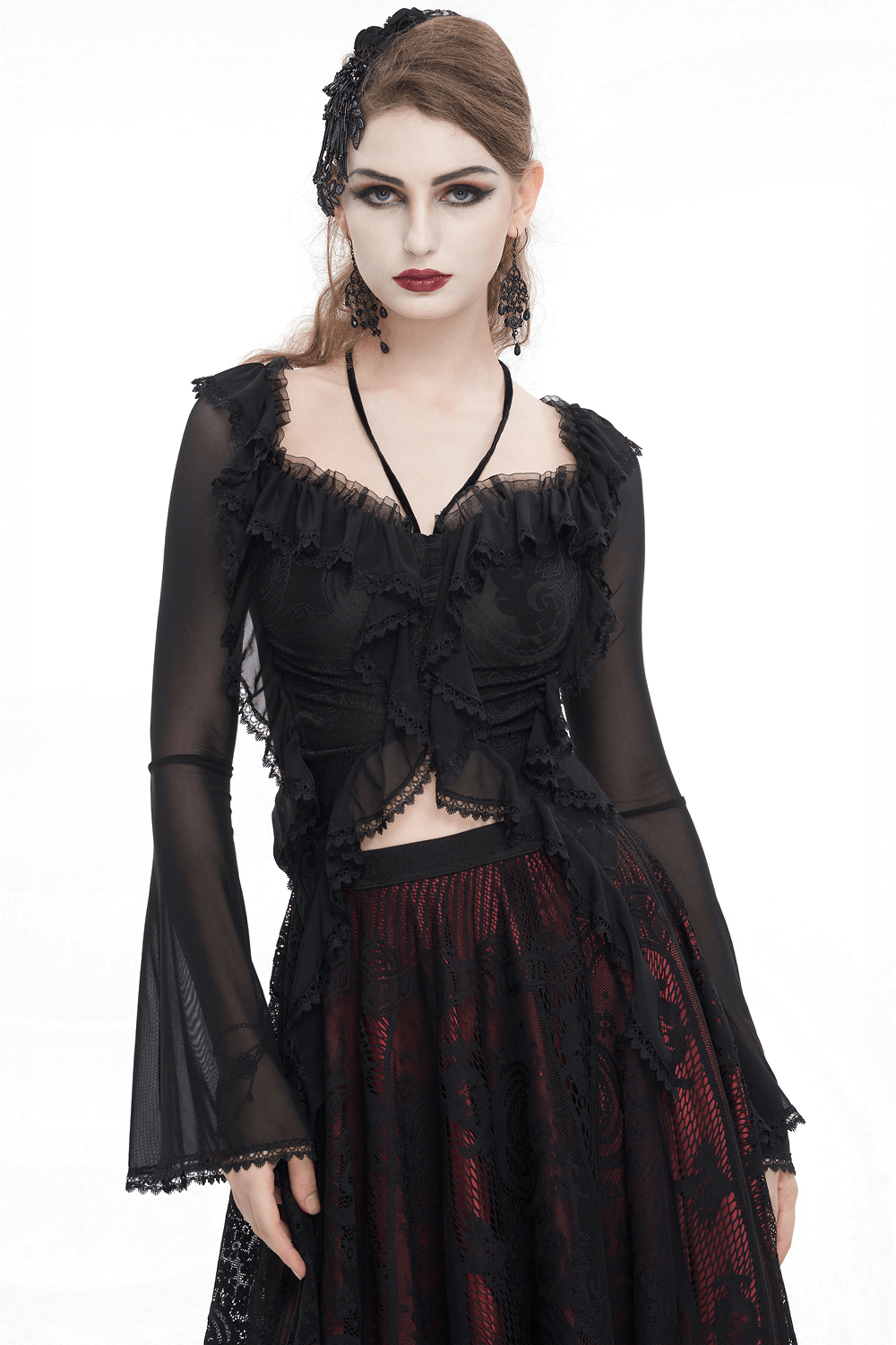 Gothic women's ruffled top with sheer sleeves and lace-up back, exuding dark romance and elegant style.