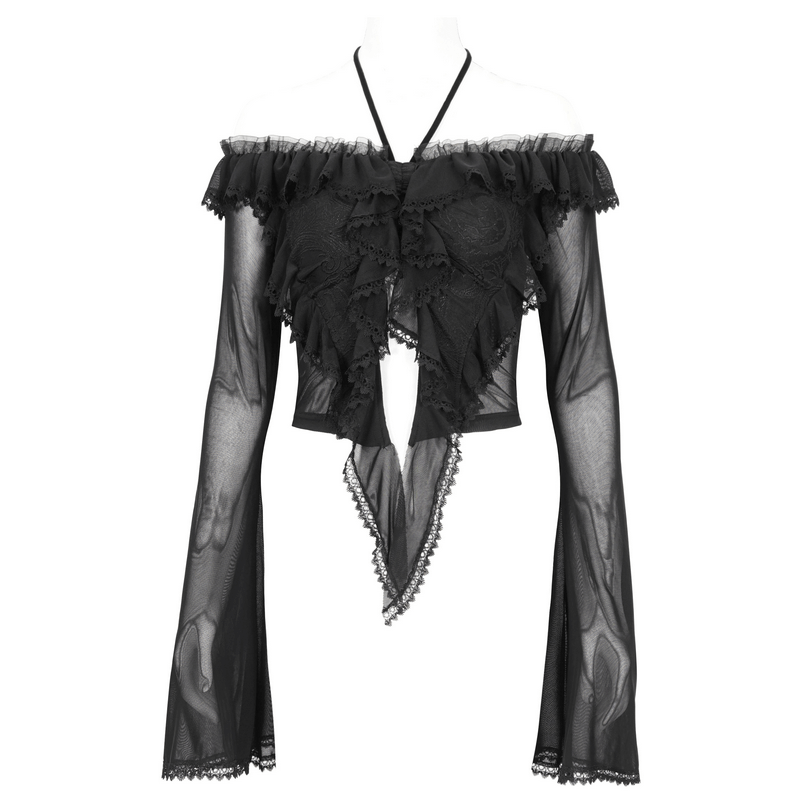 Gothic women's ruffled top with transparent sleeves and lace-up back, perfect for an elegant alternative fashion statement.