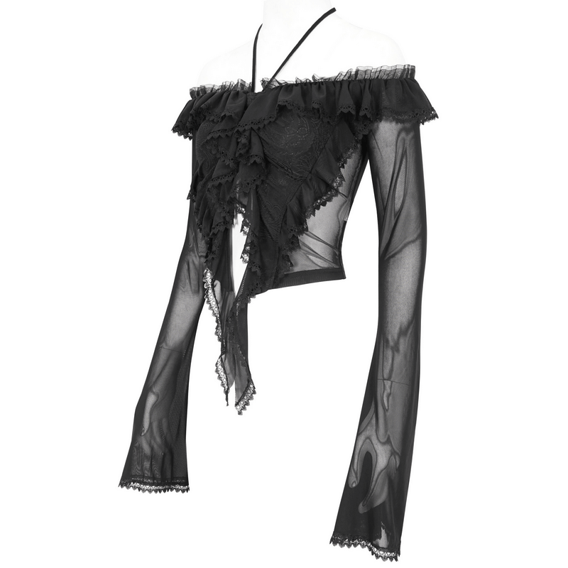 Gothic women's top with ruffles, transparent sleeves, and lace-up back detail for dark romantic style.
