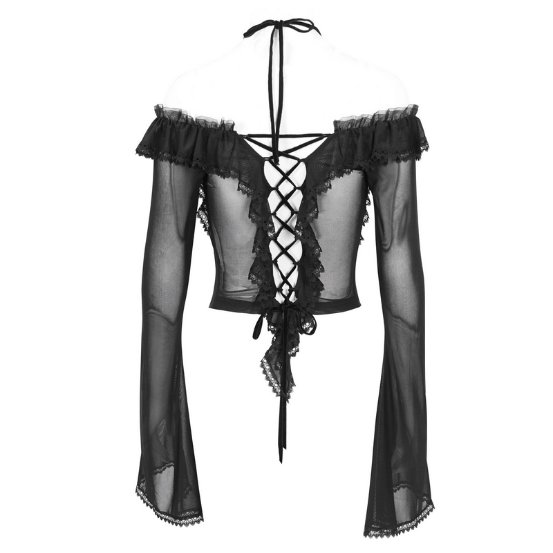 Gothic women's ruffled top with transparent sleeves and lace-up back, perfect for dark romance fashion.