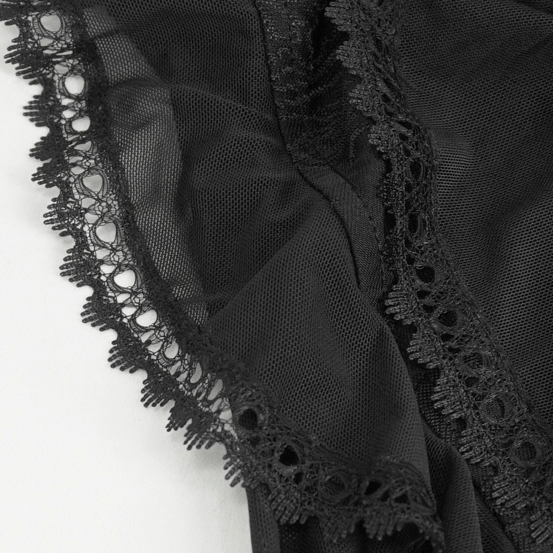 Close-up of gothic black lace detailing on transparent ruffled women's top, showcasing elegance and dark style.