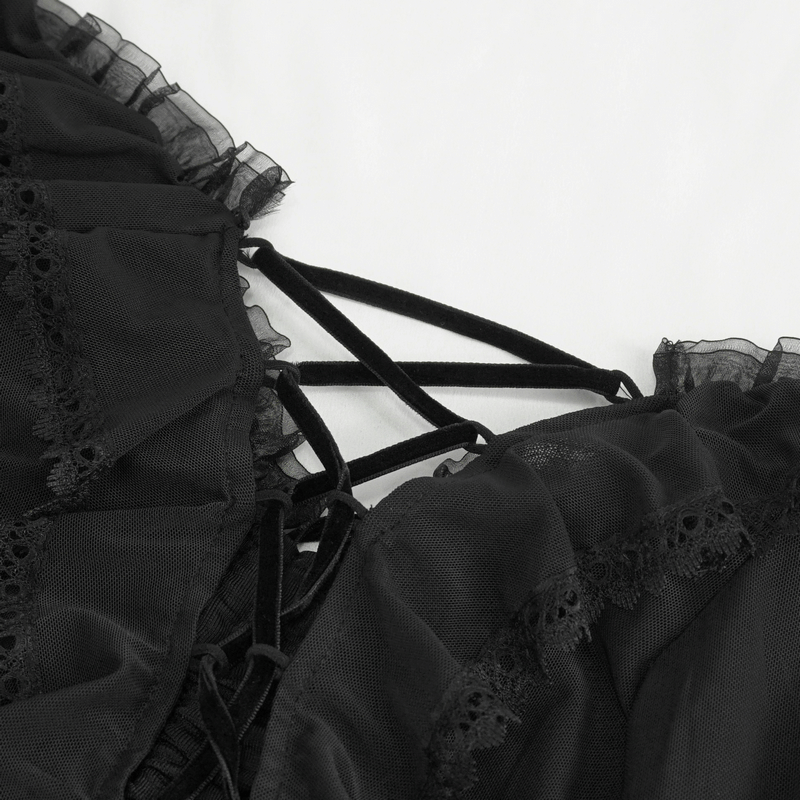 Gothic women's ruffled top showcasing lace-up back and transparent sleeves for dark romance style.