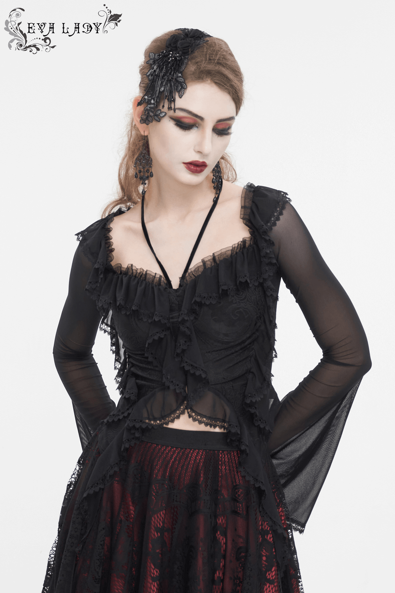 Gothic women's ruffled top with transparent sleeves and lace-up back, blending dark romance and fashion.