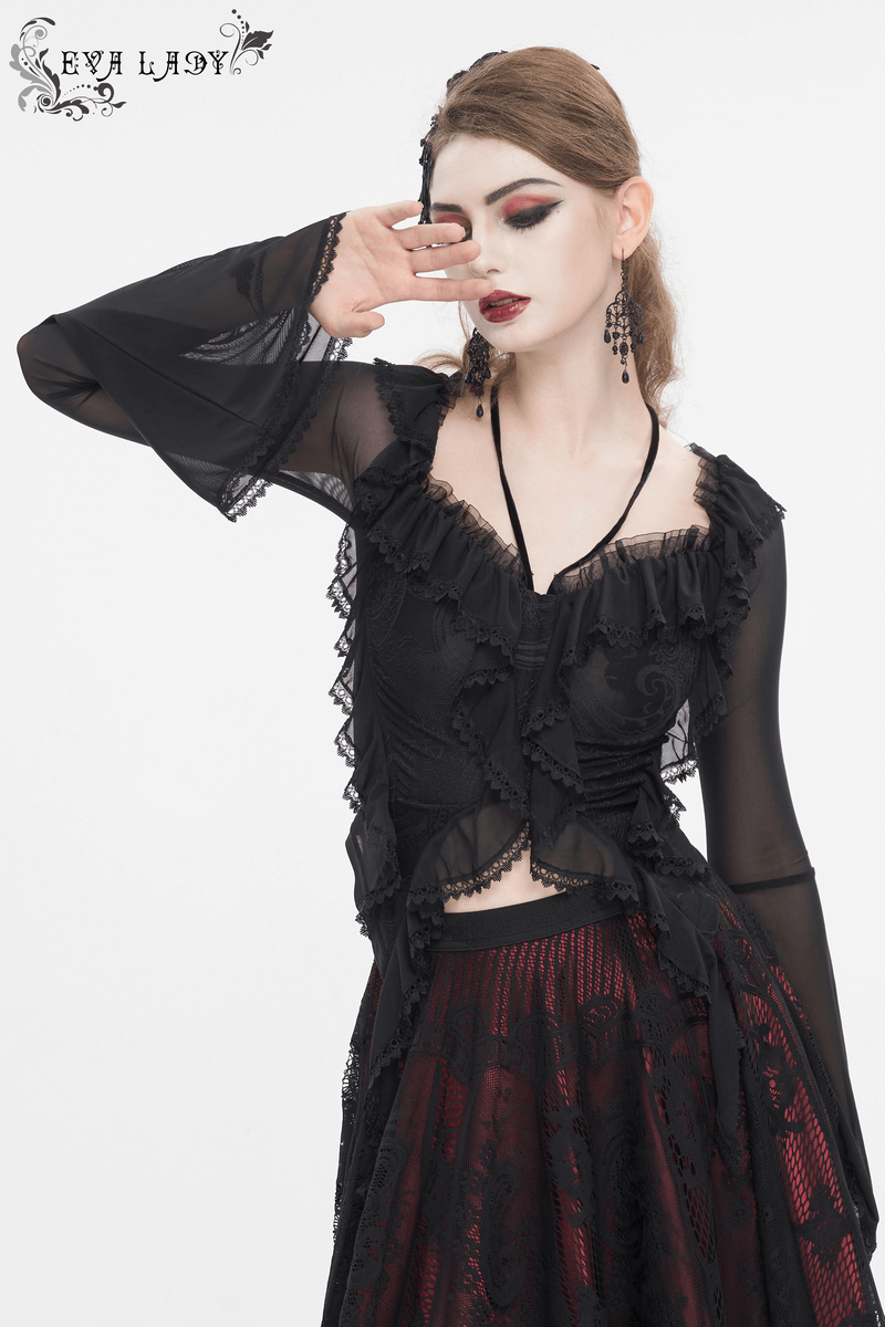 Gothic women's ruffled top with transparent sleeves and lace-up detail, perfect for dark romance fashion.