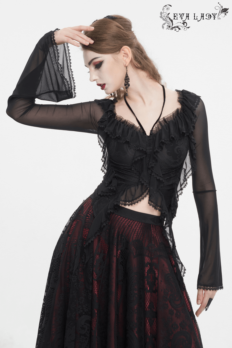 Gothic women's ruffled top with transparent sleeves and lace-up back detail, embodying dark romance and elegance.