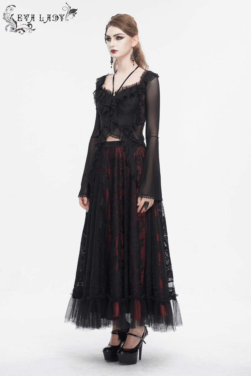 Gothic women's ruffled top with transparent sleeves and lace-up back, paired with a black and red skirt.