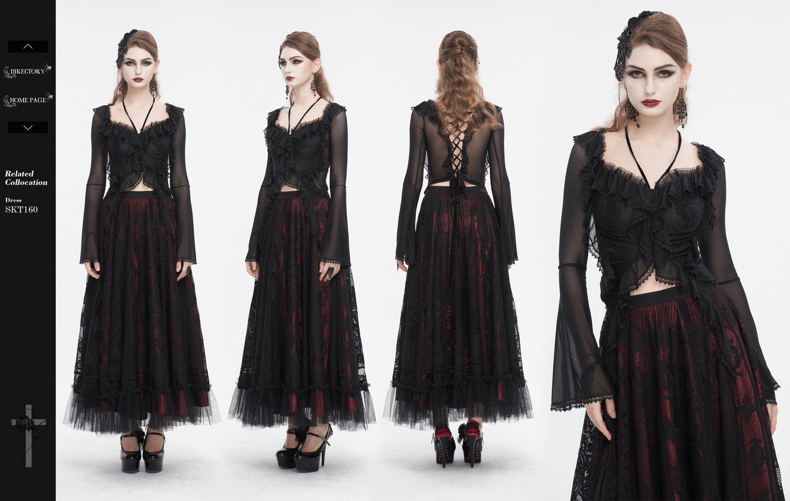 Gothic women's ruffled top with transparent sleeves and lace-up back, paired with a dark, flowing skirt.