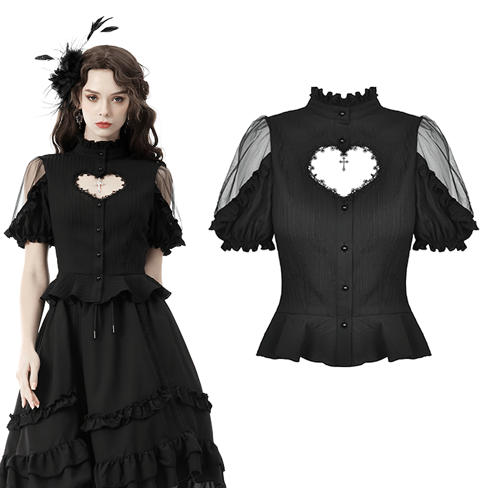 Gothic-Damenbluse mit transparenten Ärmeln und Herzausschnitt