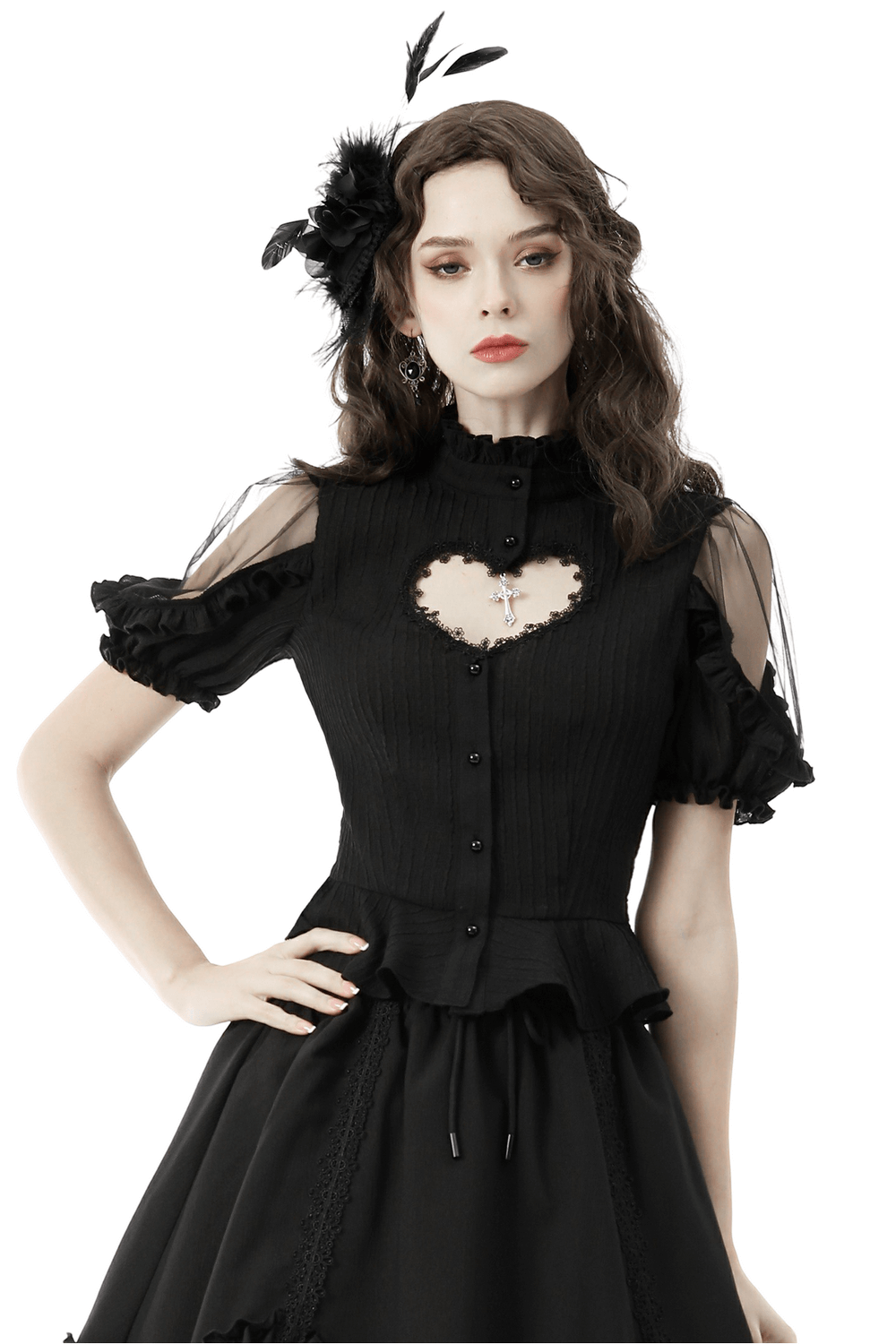 Gothic-Damenbluse mit transparenten Ärmeln und Herzausschnitt