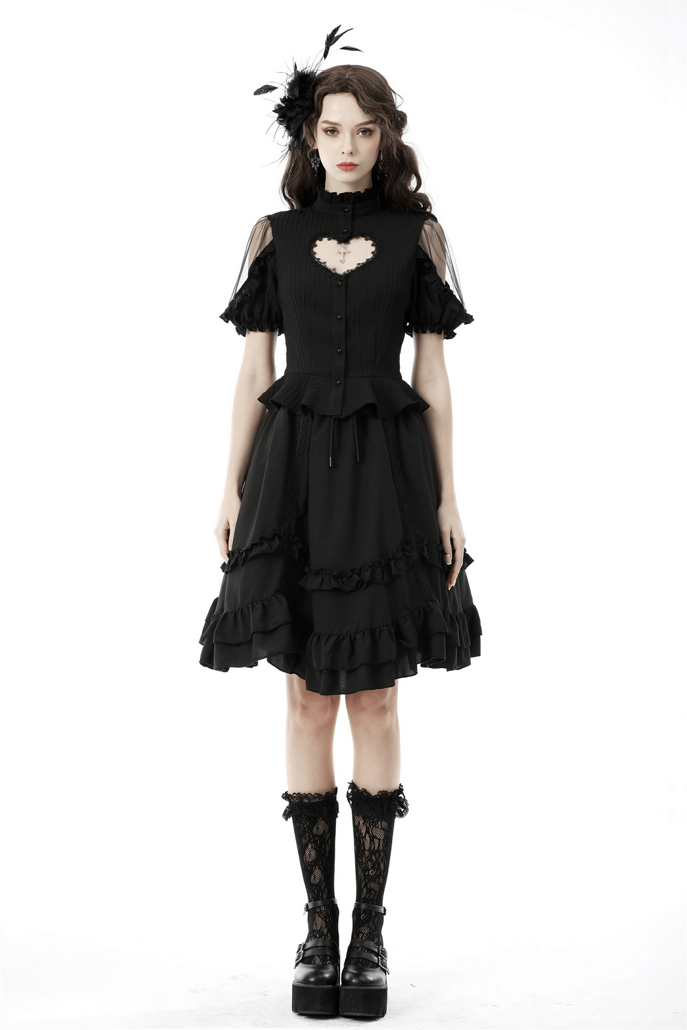 Gothic-Damenbluse mit transparenten Ärmeln und Herzausschnitt