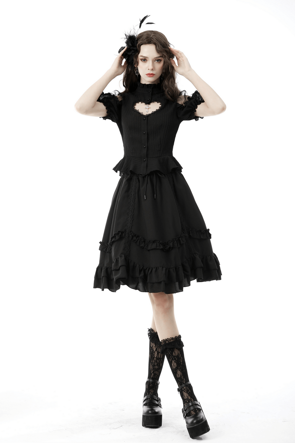 Gothic-Damenbluse mit transparenten Ärmeln und Herzausschnitt