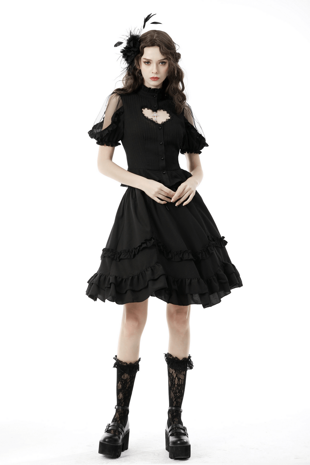 Gothic-Damenbluse mit transparenten Ärmeln und Herzausschnitt