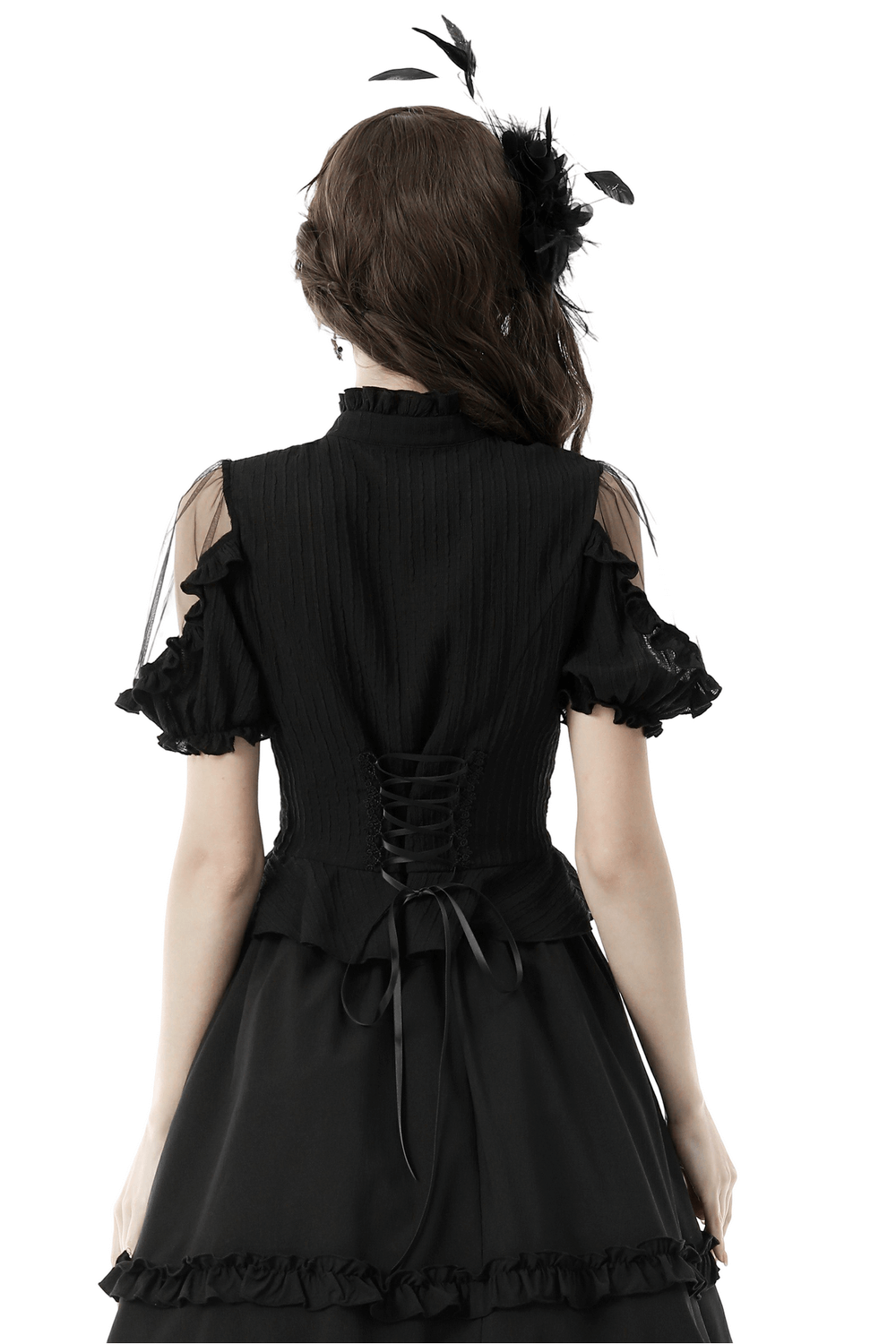 Gothic-Damenbluse mit transparenten Ärmeln und Herzausschnitt