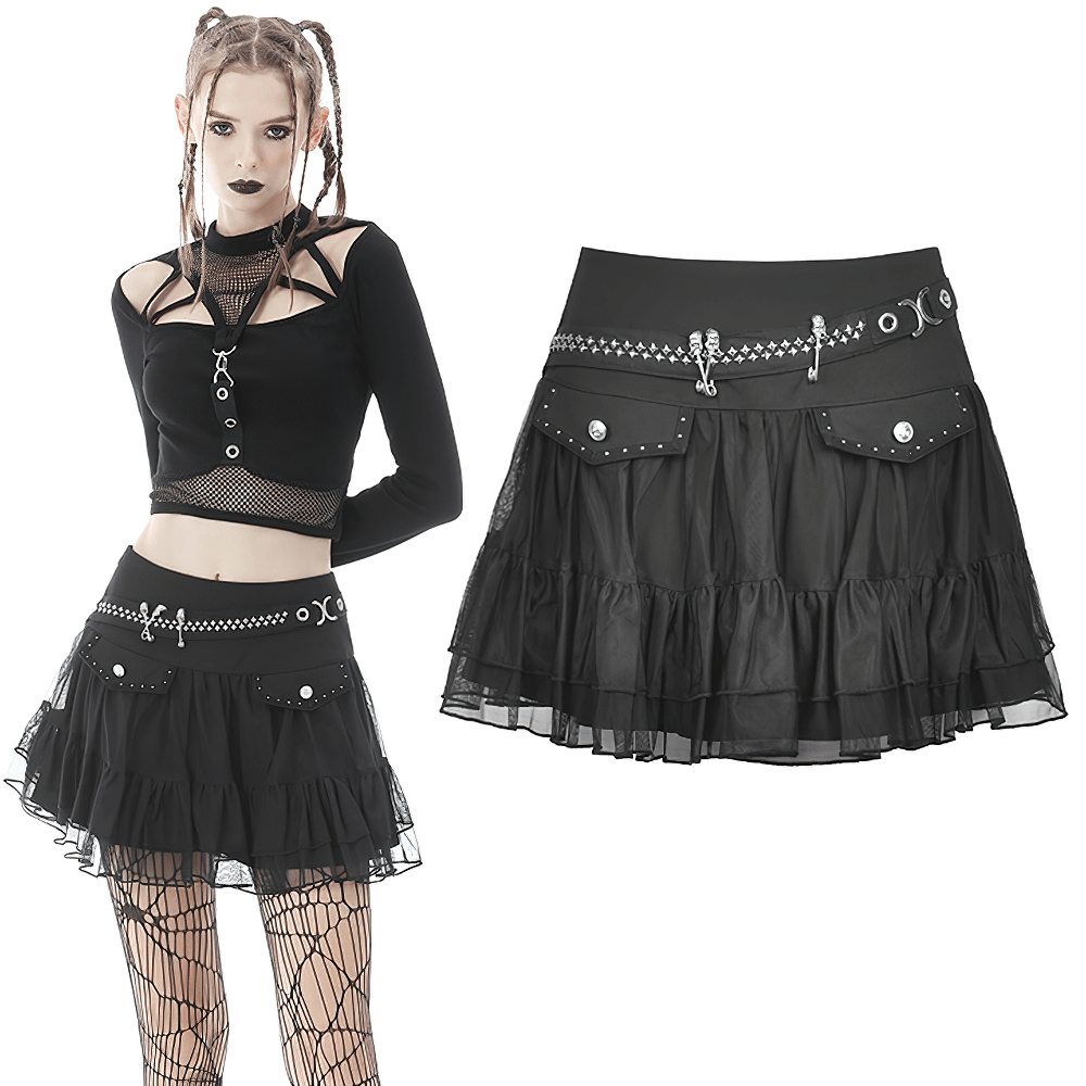 Gothic women's black mini skirt with chains, studs, and mesh overlay, perfect for punk rock style.