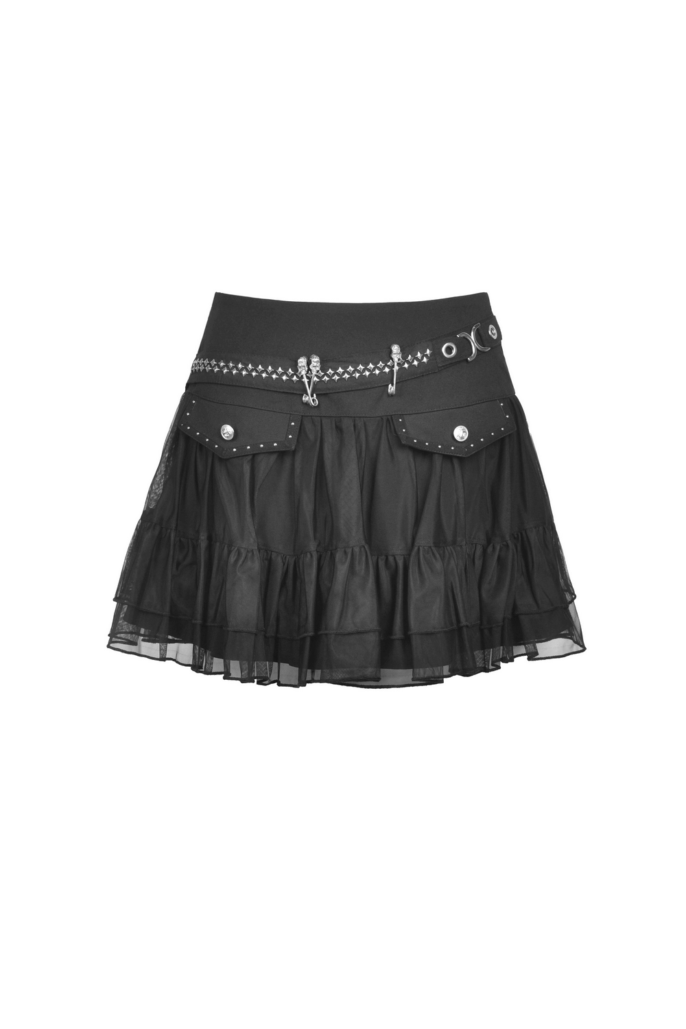 Gothic women's black short pleated skirt with chains, studs, and mesh overlay for a punk rock vibe.