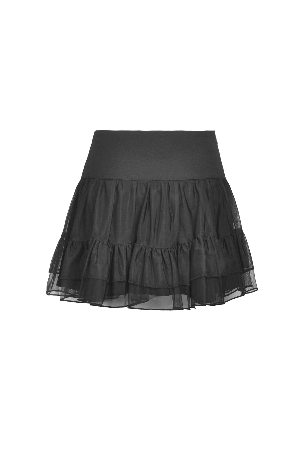 Gothic women's black pleated mini skirt with mesh overlay and edgy ruffles, perfect for punk fashion fans.
