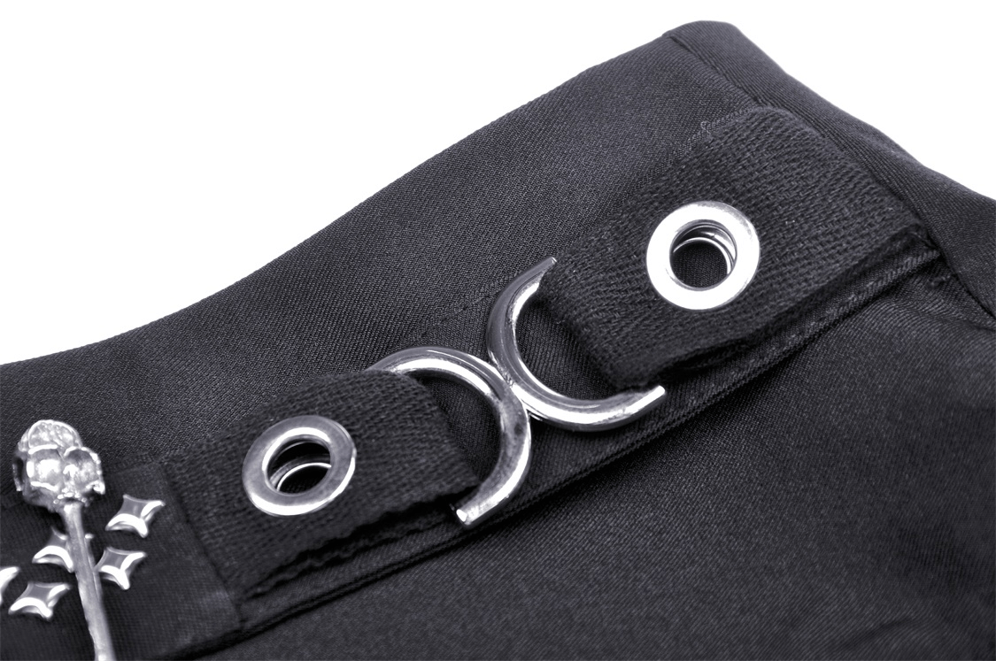 Close-up of black Gothic skirt with silver chain and stud details, showcasing edgy punk elements.