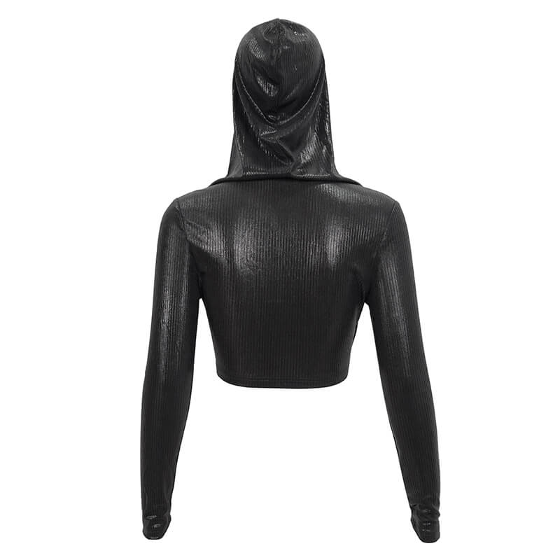 Gothic Women's Short Top With Drawstring And Hood / Wonderful Ladies V-neck Long Sleeves Crop Top - HARD'N'HEAVY