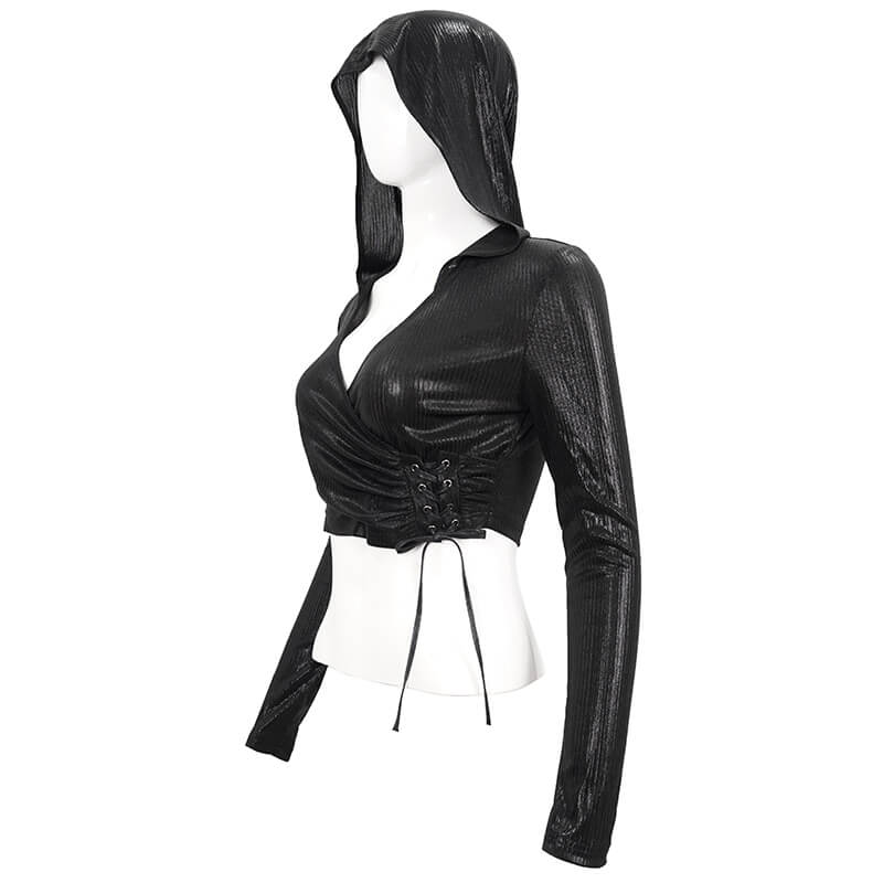 Gothic Women's Short Top With Drawstring And Hood / Wonderful Ladies V-neck Long Sleeves Crop Top - HARD'N'HEAVY