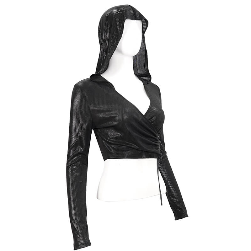 Gothic Women's Short Top With Drawstring And Hood / Wonderful Ladies V-neck Long Sleeves Crop Top - HARD'N'HEAVY