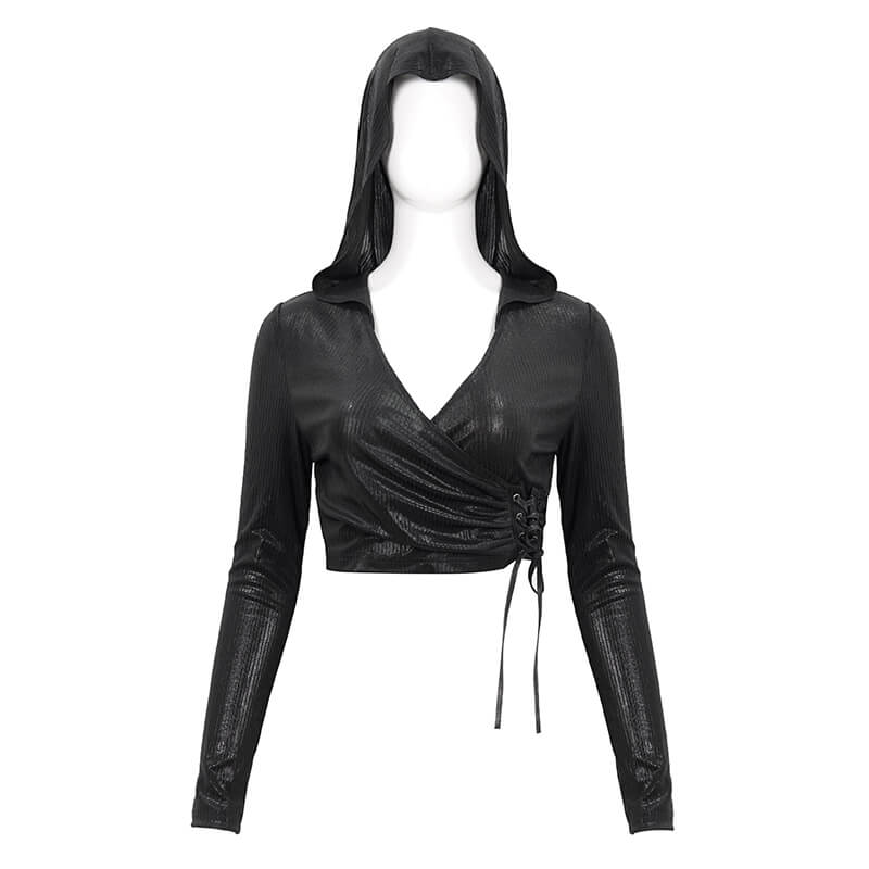 Gothic Women's Short Top With Drawstring And Hood / Wonderful Ladies V-neck Long Sleeves Crop Top - HARD'N'HEAVY