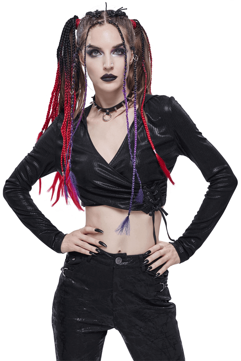 Gothic Women's Short Top With Drawstring And Hood / Wonderful Ladies V-neck Long Sleeves Crop Top - HARD'N'HEAVY