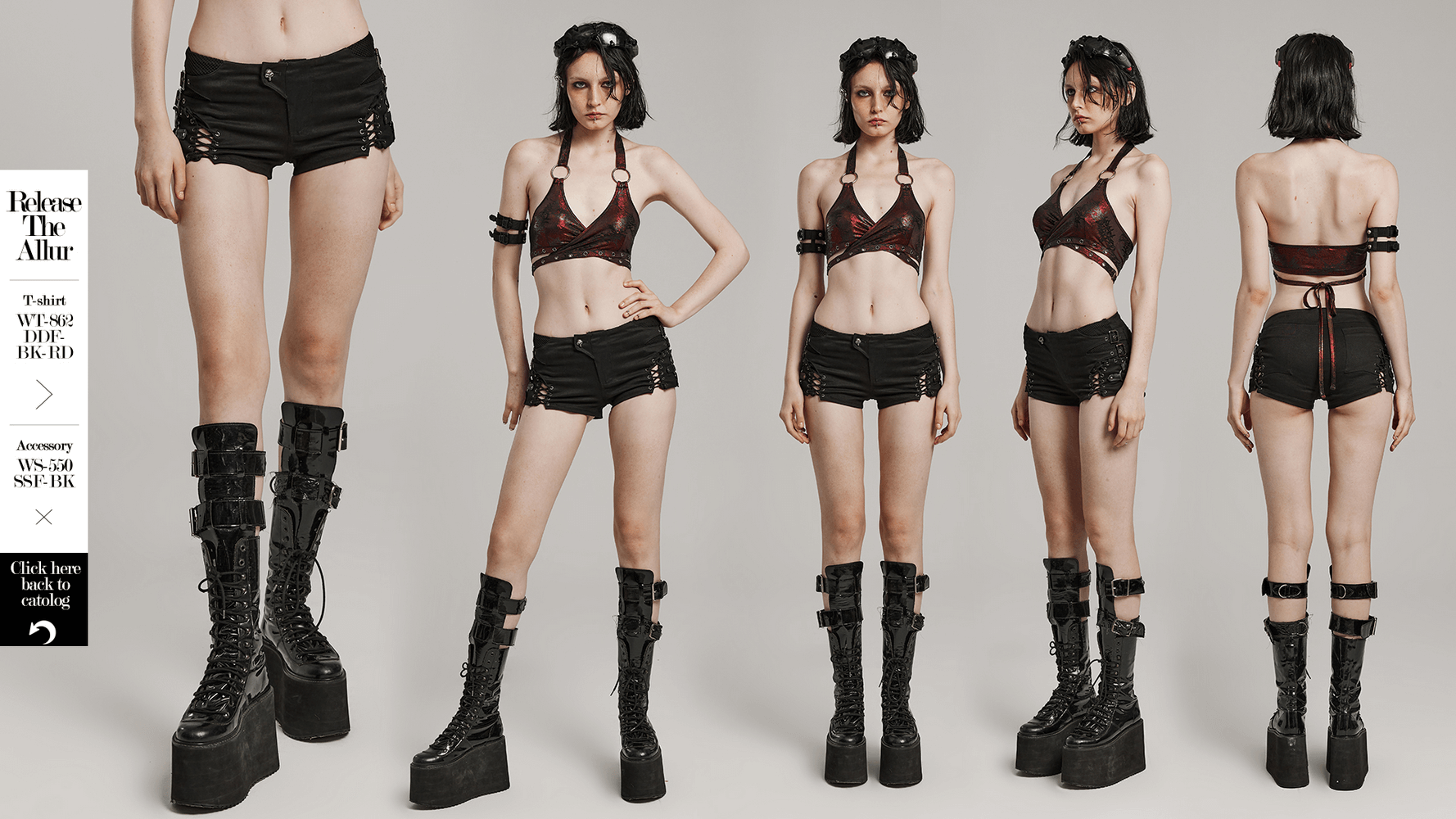 Gothic women's low waist black shorts with side laces, paired with combat boots, showcasing punk fashion style.